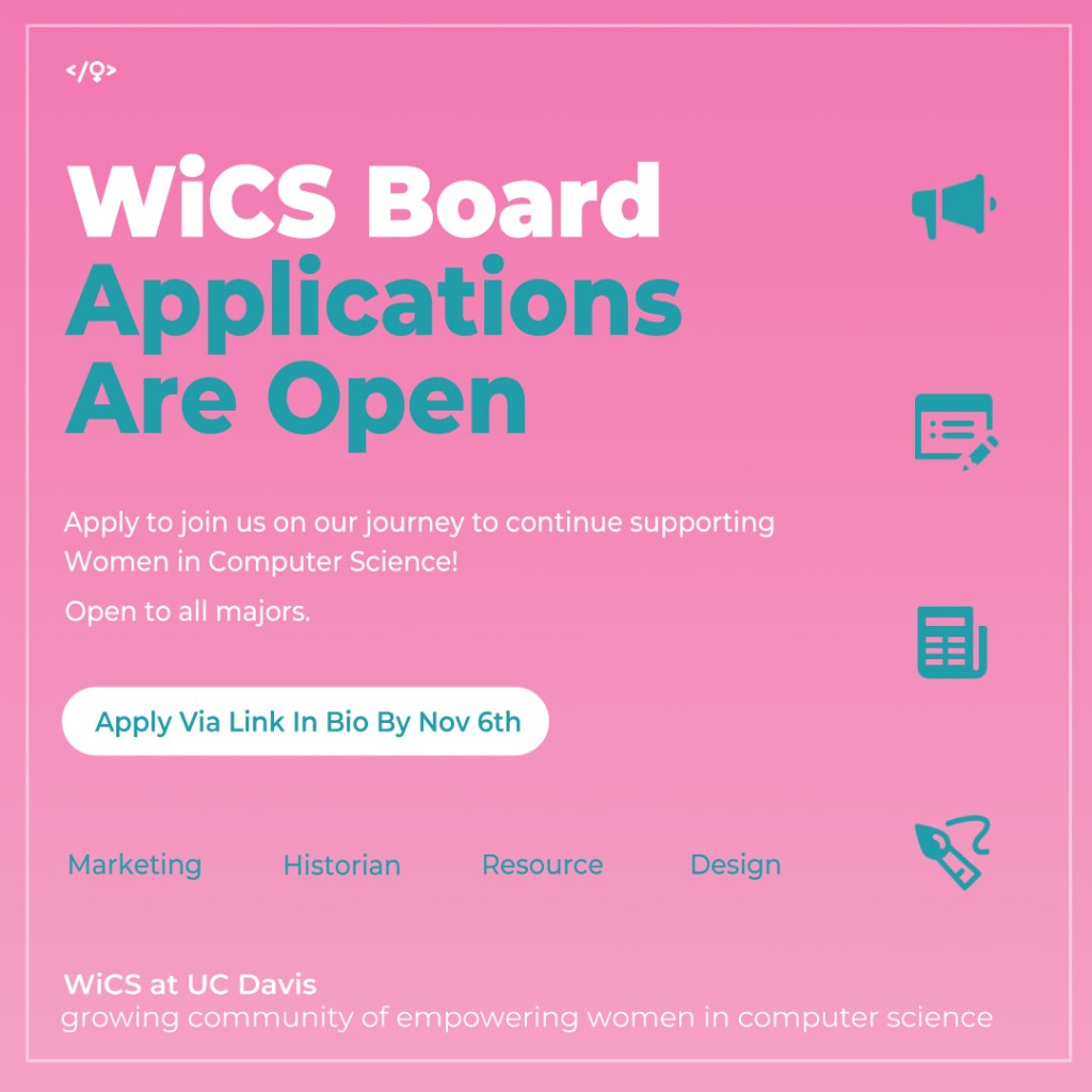 WiCS at UC Davis — Board Applications promotional graphic